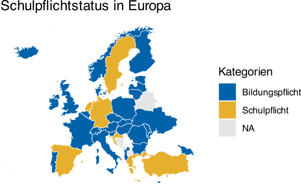 Eine Karte Europas, inklusive Türkei und Georgien. Sie zeigt, dass außer Deutschland nur wenige Staaten Europas eine Schulpflicht haben.